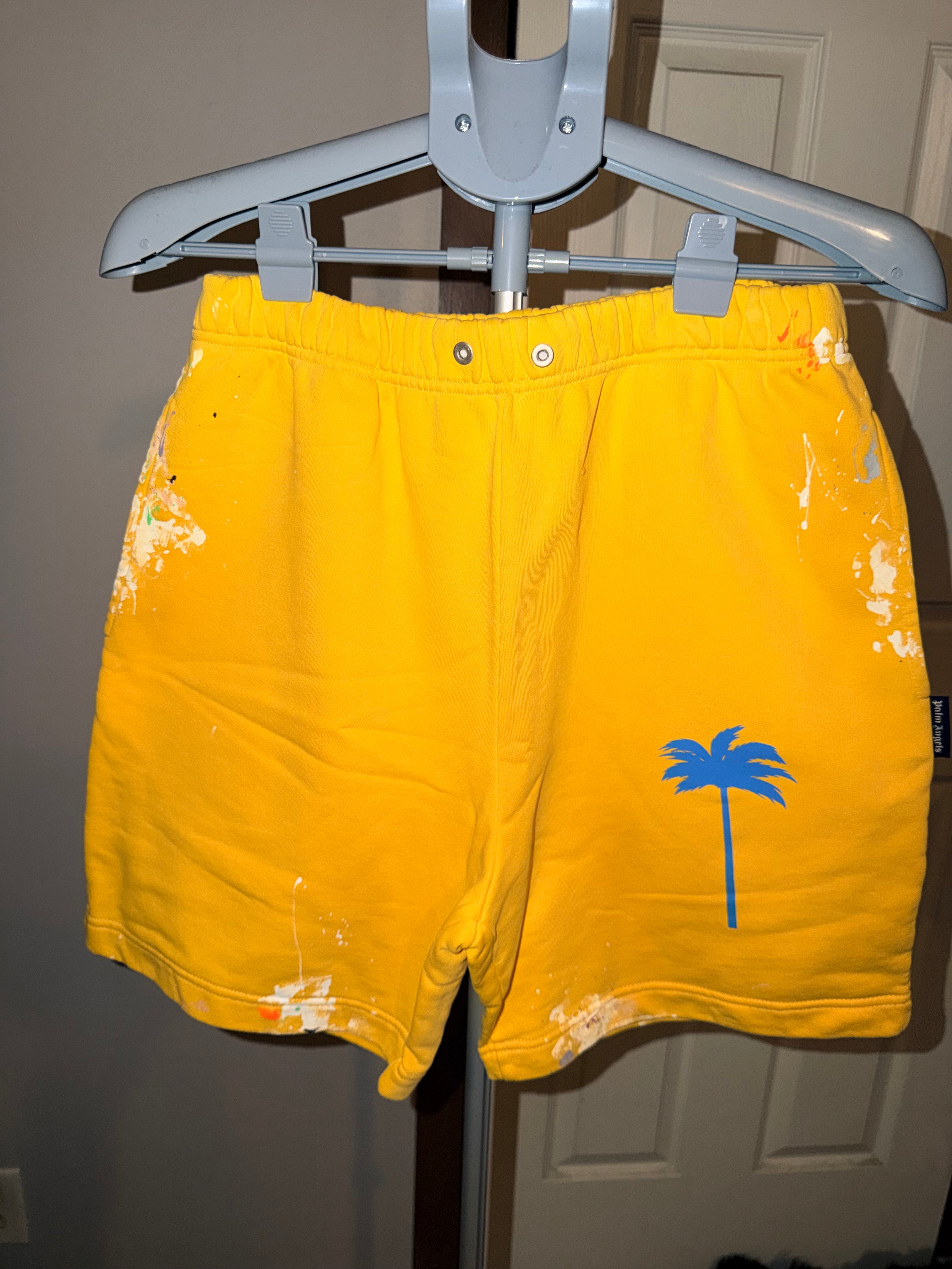 palm angels pxp paint splatter shorts yellow w/ blue palm tree 32