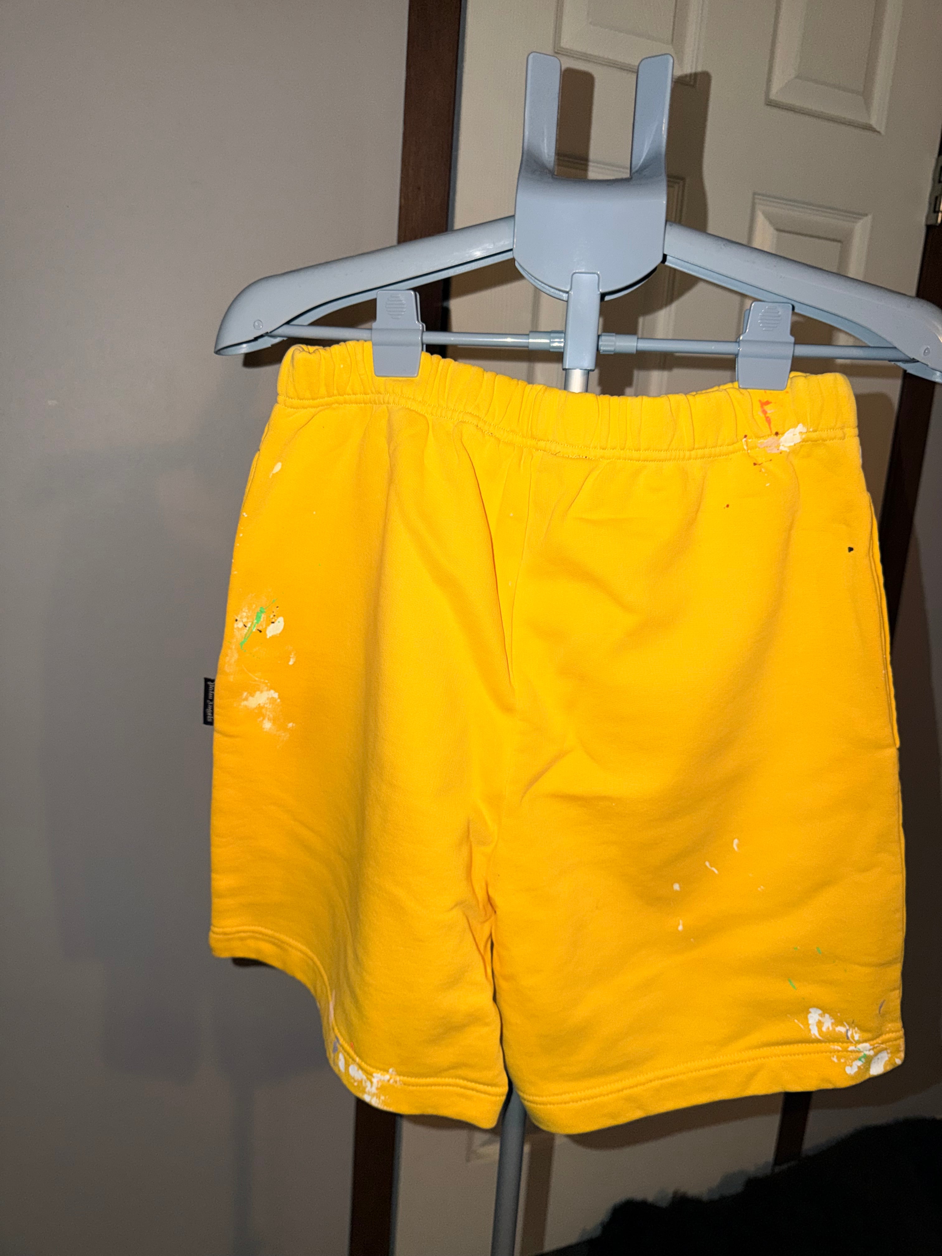palm angels pxp paint splatter shorts yellow w/ blue palm tree 32