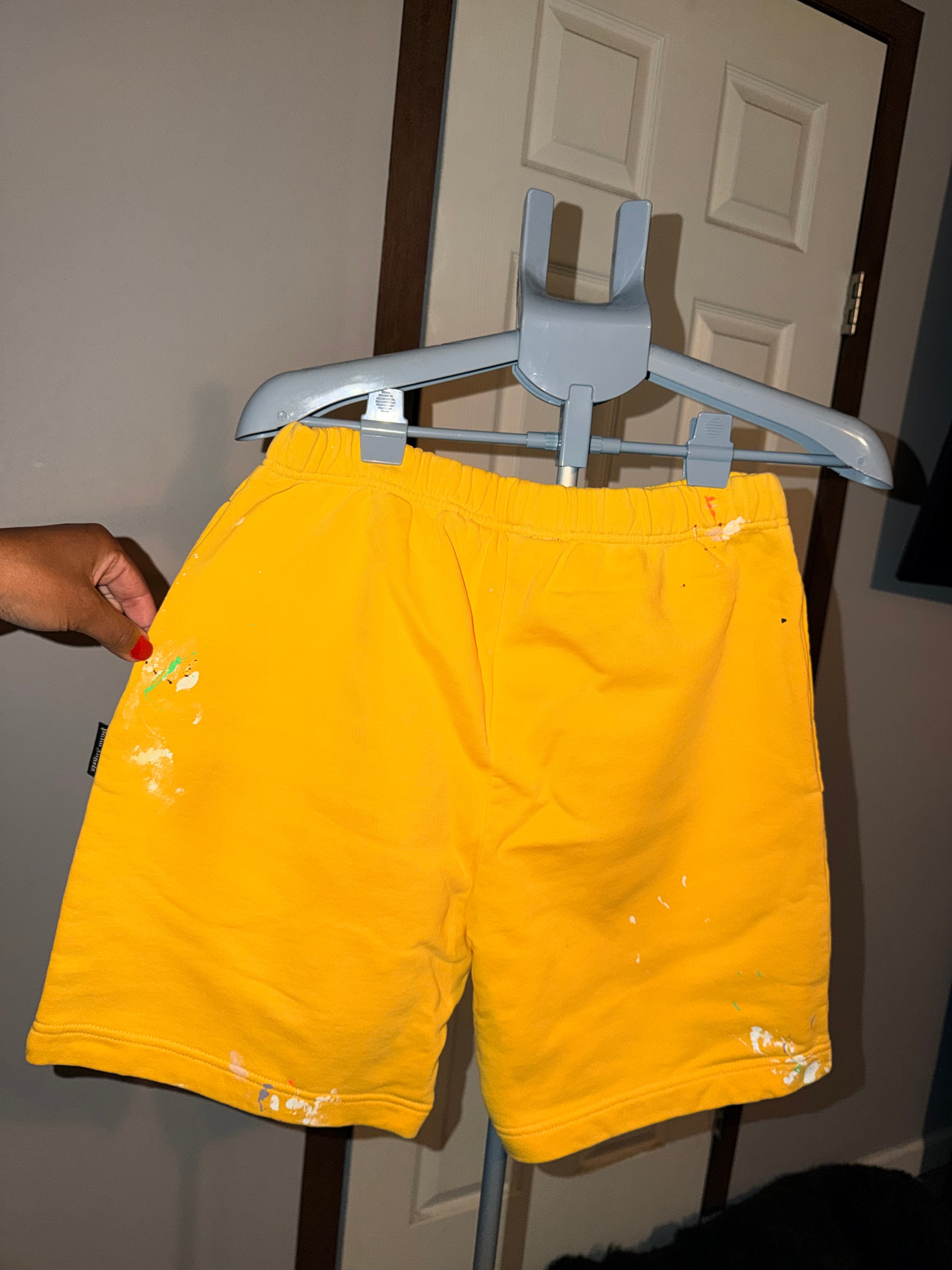 palm angels pxp paint splatter shorts yellow w/ blue palm tree 32